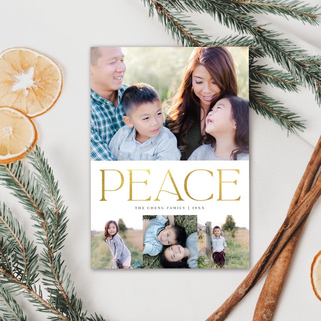 Chic Gold Peace On Earth Holiday Multi-Photo Card (Creator Uploaded)
