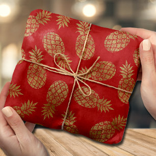 Chic Gold Pineapples Tropical Red Tissue Paper