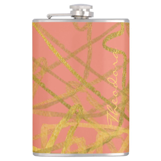 Chic Gold Pink Abstract Pattern Hip Flask (Front)