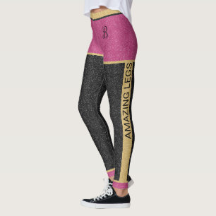 Chic Gold Pink Black Glitter Customisable Monogram Leggings