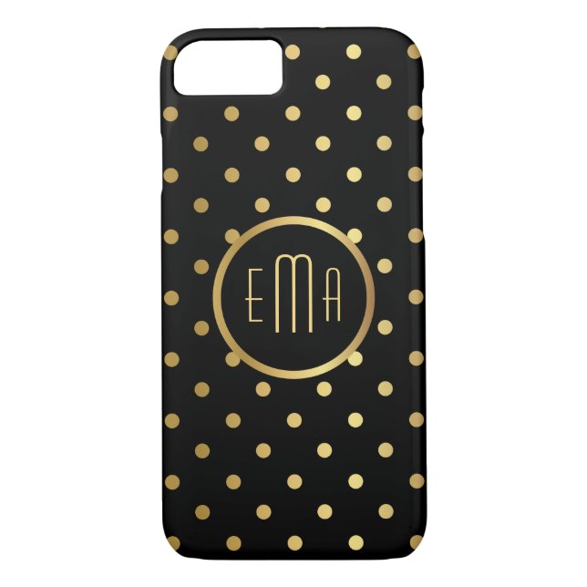 Chic Gold Polka Dots on Black with Monogram Case-Mate iPhone Case (Back)
