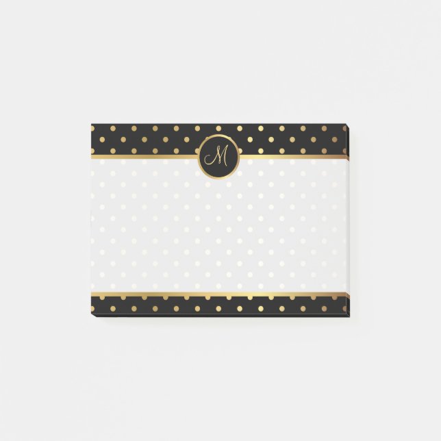 Chic Gold Polka Dots on Black with Your Monogram Post-it Notes (Front)