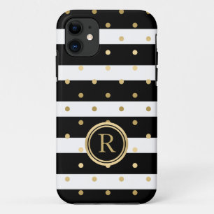 Chic Gold-Polka Dots With Black & White Stripes iPhone 11 Case