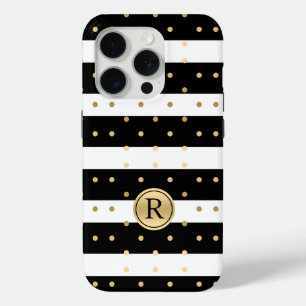 Chic Gold-Polka Dots With Black & White Stripes iPhone 15 Pro Case