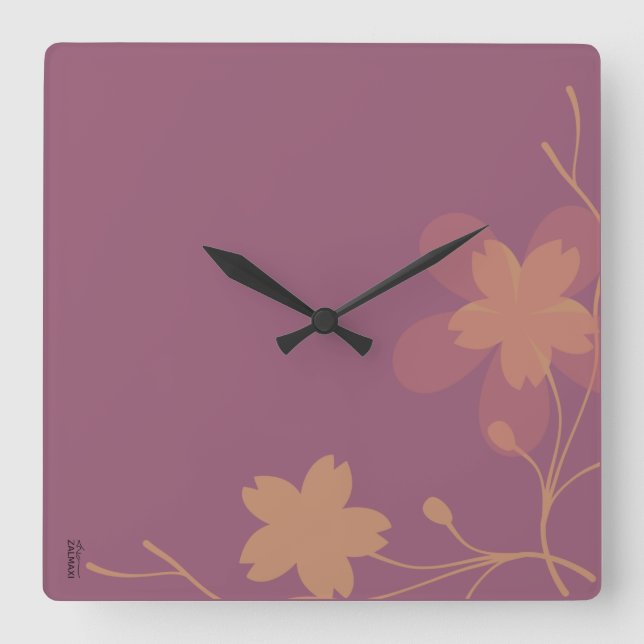 Chic Gold Purple Abstract Floral Square Wall Clock (Front)