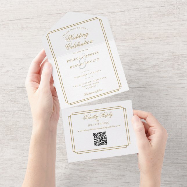 Chic Gold QR Code Art Deco Monogram Wedding All In One Invitation (Tearaway)