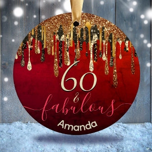 Chic gold red black glitter drips any age birthday ceramic ornament