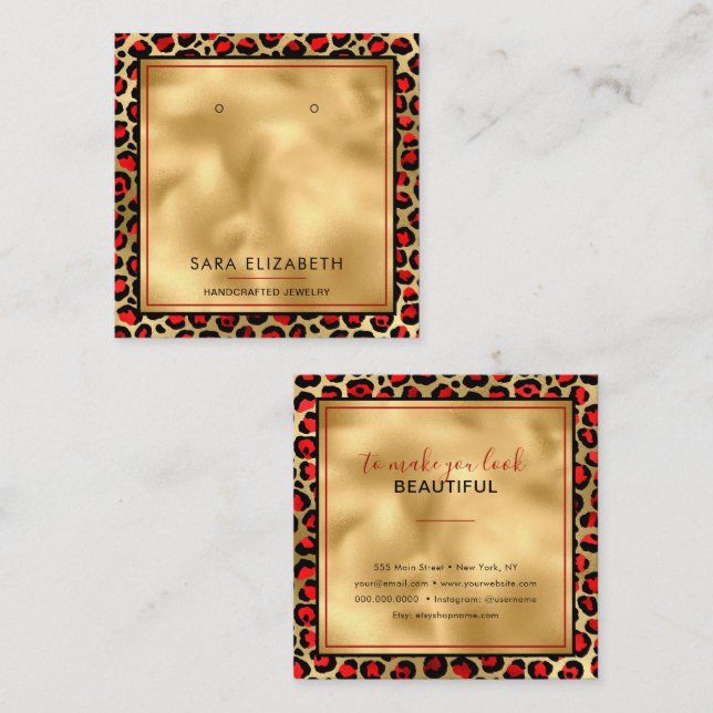Chic Gold Red Leopard Print Earring Display Card (Front/Back)