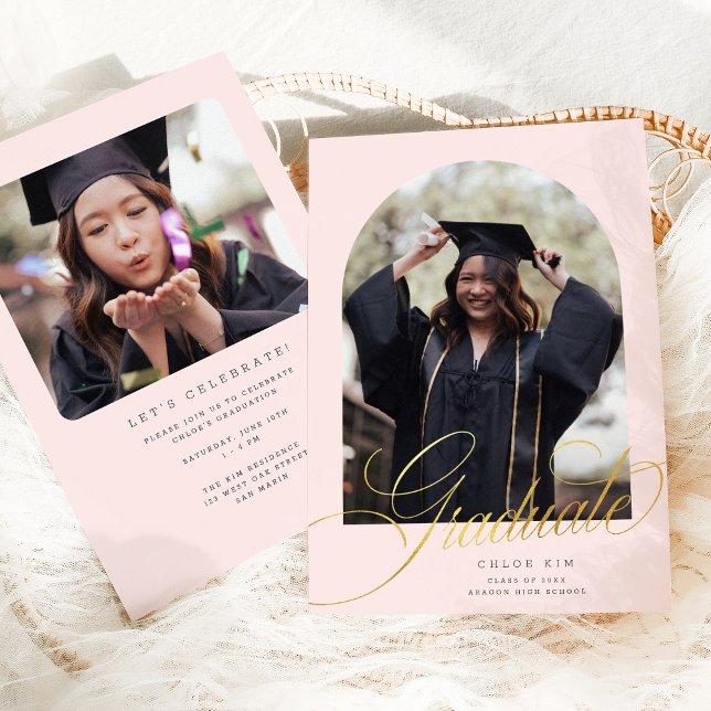 Chic Gold Script Arch Blush Pink Graduation Photo Announcement (Creator Uploaded)
