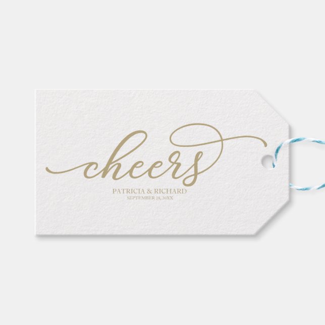 Chic Gold Script Cheers Wine Bottle Tags (Front (Horizontal))