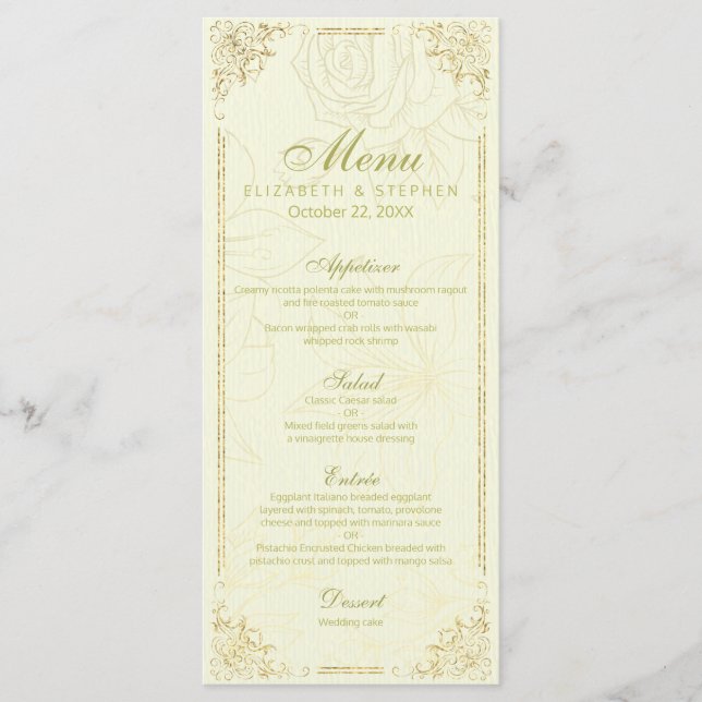 Chic Gold Script Elegant Floral Frame Wedding Menu (Front)
