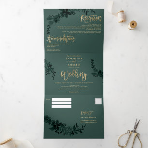 Chic gold script Floral green elegant wedding Tri-Fold Invitation