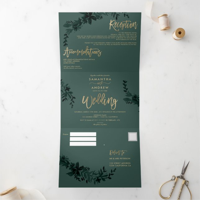 Chic gold script Floral green elegant wedding Tri-Fold Invitation (Inside)