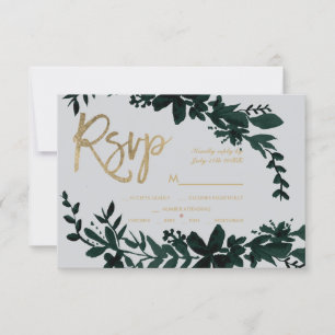 Chic gold script Floral green grey rsvp wedding Card