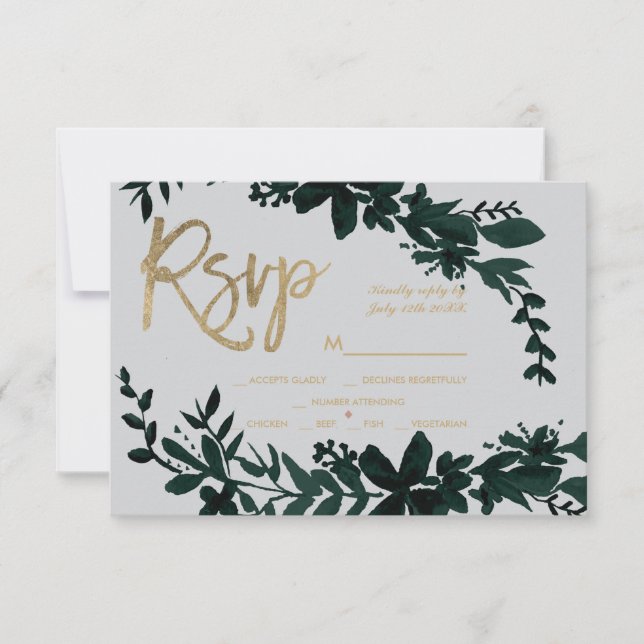 Chic gold script Floral green grey rsvp wedding Card (Front)