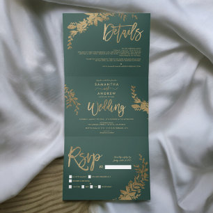 Chic gold script Floral leaf elegant wedding Tri-Fold Invitation