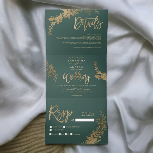Chic gold script Floral leaf elegant wedding Tri-Fold Invitation (Chic gold script Floral leaf elegant wedding Tri-Fold Invitation)