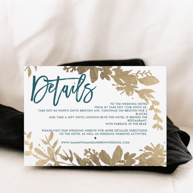 Chic gold script Floral teal wedding direction Invitation (Chic gold script Floral teal wedding direction Invitation)