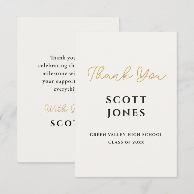 Chic Gold Script Graduation Thank You Card (Front/Back)