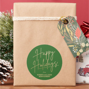 Chic Gold Script Happy Holidays Green Classic Round Sticker