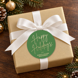 Chic Gold Script Happy Holidays Green Classic Round Sticker