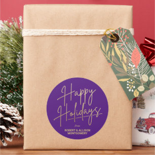 Chic Gold Script Happy Holidays Purple Classic Round Sticker
