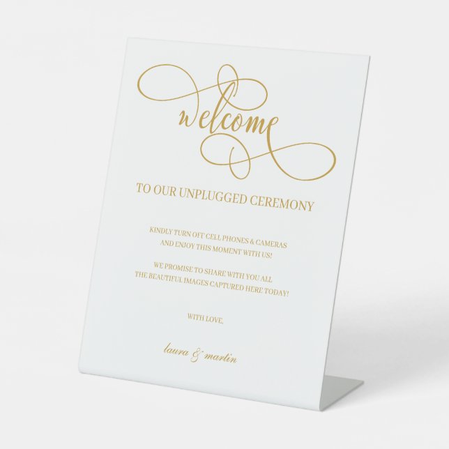 Chic Gold Script Unplugged Ceremony Pedestal Sign (Front)