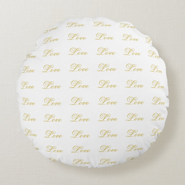 Chic Gold Script White Love Wedding Calligraphy Round Cushion (Front)