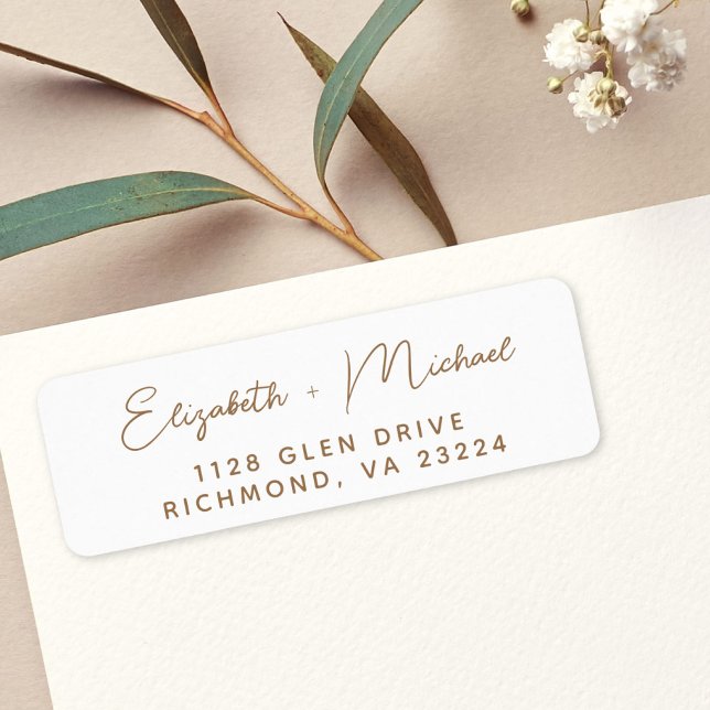 Chic Gold Script White Wedding Return Address Label (Creator Uploaded)