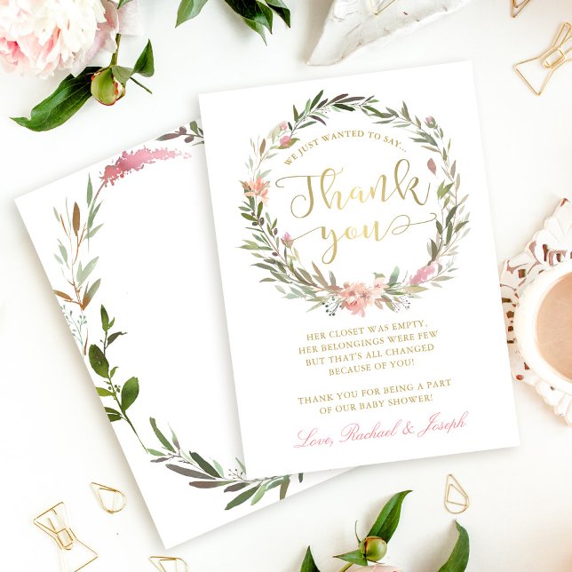Chic Gold Script Wreath Baby Shower Thank You Card (Creator Uploaded)