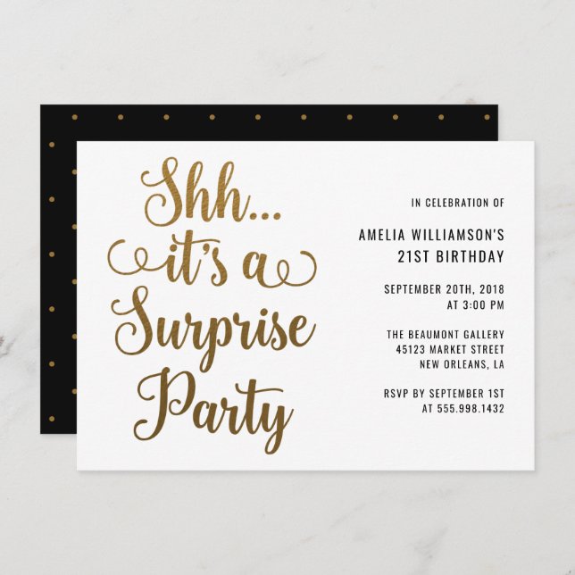 Chic Gold Shh... It's a Surprise Party Typography Invitation (Front/Back)