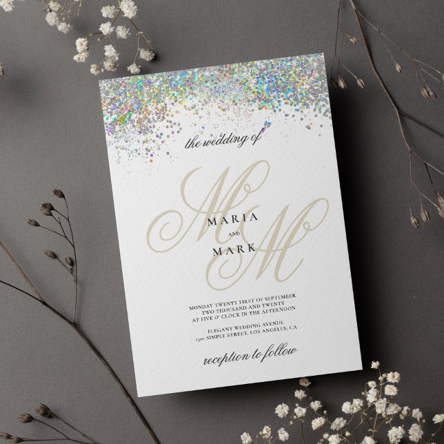 Chic Gold silver glitter monogram initial wedding  Invitation (White gold monogram initials geometrical wedding)