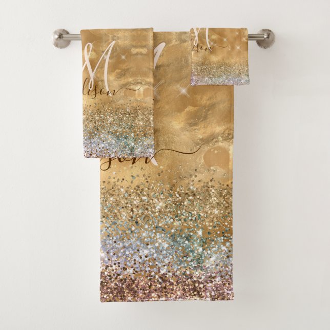 Chic Gold Silver iridescent glitter monogram Bath Towel Set (Insitu)