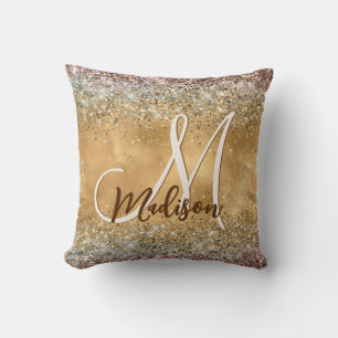Chic Gold Silver iridescent glitter monogram Cushion