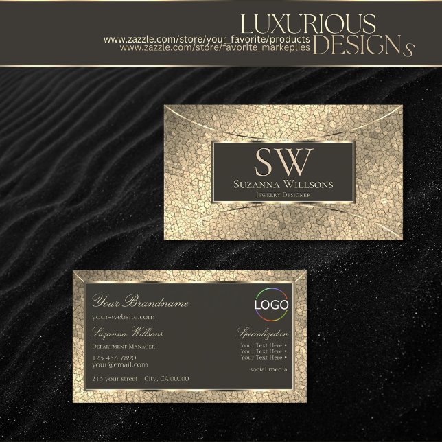 Chic Gold Snake Dark Brown with Monogram and Logo Business Card (Creator Uploaded)