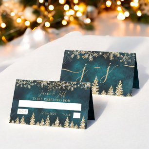 Chic gold snow pine green Christmas winter table Place Card