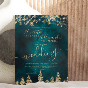 Chic gold snow pine green Christmas winter wedding Invitation