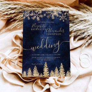 Chic gold snow pine navy Christmas winter wedding Invitation