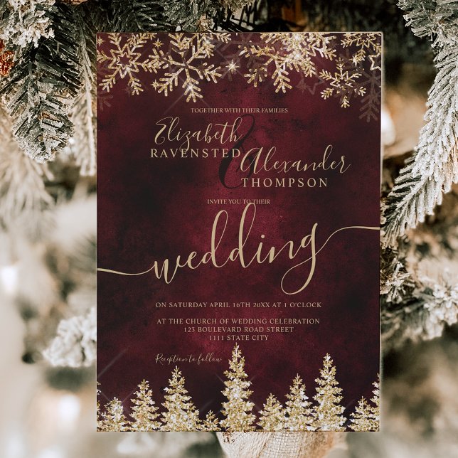 Chic gold snow pine red Christmas winter wedding Invitation (Chic gold snow pine red Christmas winter wedding Invitation)