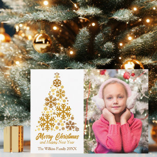 Chic Gold Snowflake Merry Christmas Happy New Year Holiday Card