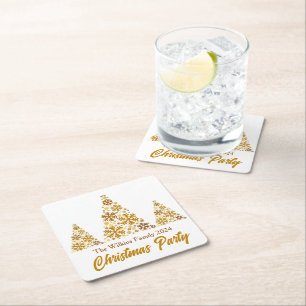 Chic Gold Snowflakes Christmas Party Personalised Square Paper Coaster