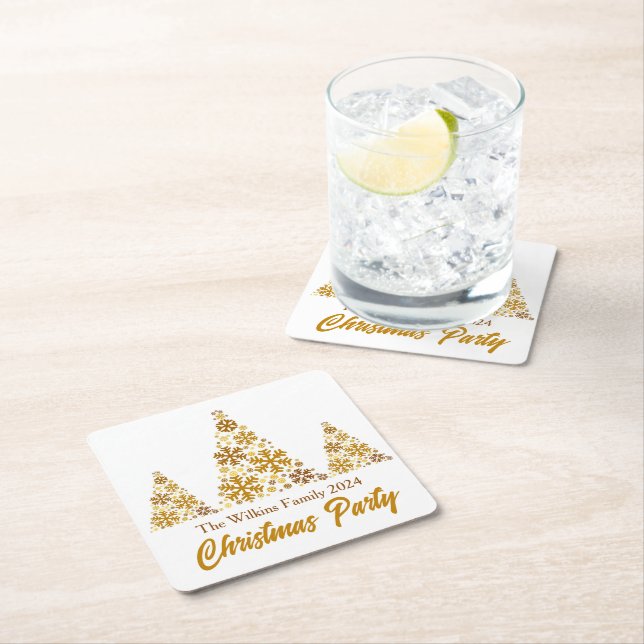 Chic Gold Snowflakes Christmas Party Personalised Square Paper Coaster (Insitu)