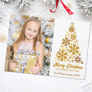 Chic Gold Snowflakes Christmas Tree Family Photo Holiday Card