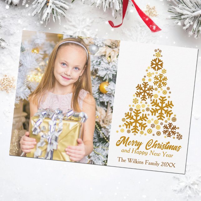 Chic Gold Snowflakes Christmas Tree Family Photo Holiday Card (Creator Uploaded)