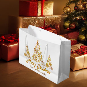 Chic Gold Snowflakes Christmas Tree Personalised Large Gift Bag