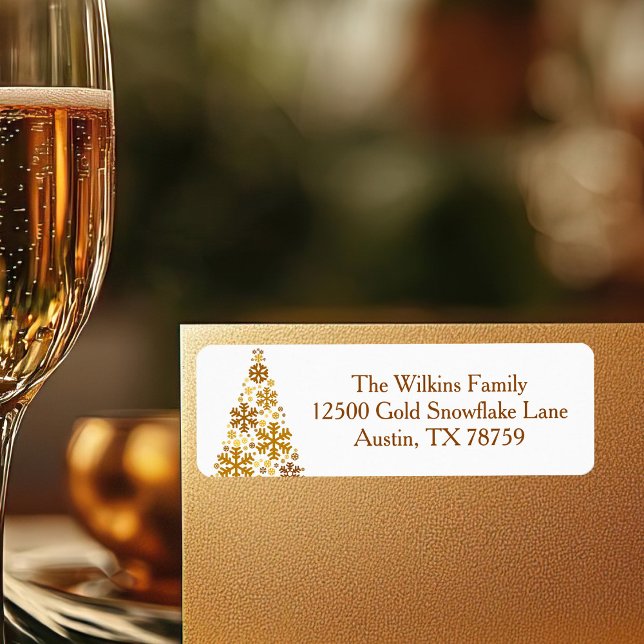 Chic Gold Snowflakes Christmas Tree Return Address Label (Creator Uploaded)