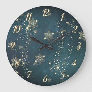 Chic Gold Snowflakes Green  Large Clock