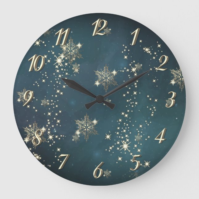 Chic Gold Snowflakes Green  Large Clock (Front)