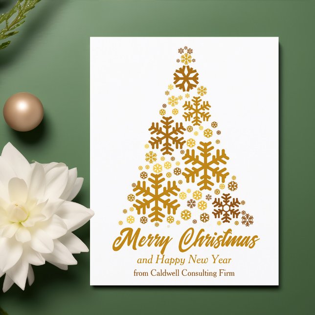 Chic Gold Snowflakes Merry Christmas Tree Company Holiday Postcard (Creator Uploaded)