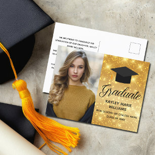 Chic Gold Sparkle Graduation Photo Announcement Postcard